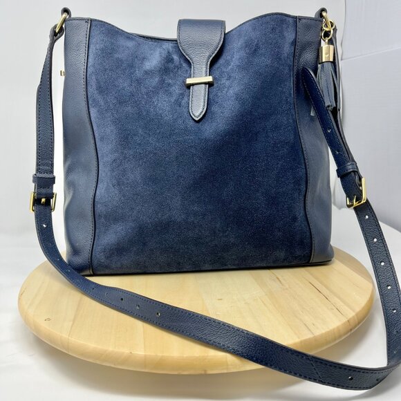 Talbots Shoulder Bag  Navy Leather and Suede With Gold Detail & Leather Tassel - Picture 1 of 9